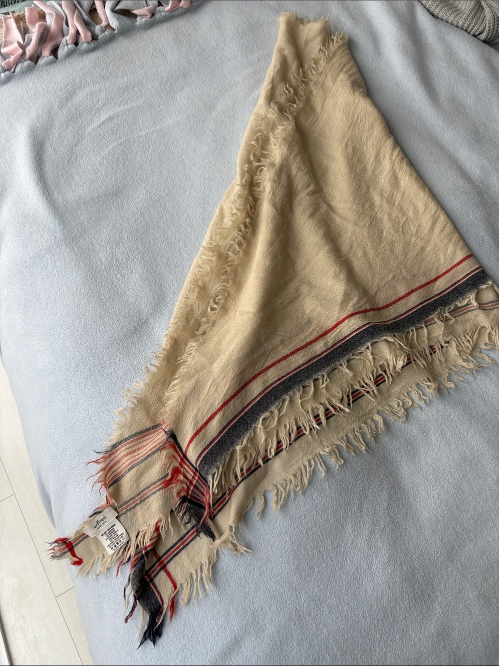 Wilfred 100% Wool Beige Fringed Striped Triangle Scarf with Red and Navy Accents